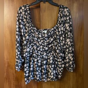 American Eagle Black & Pink Floral Chiffon Ruched Babydoll Blouse | Women’s XXL